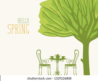 Vector landscape with words Hello Spring in retro style. Outdoor cafe furniture, tea table covered for two with two cups and a teapot under tree with green leaves