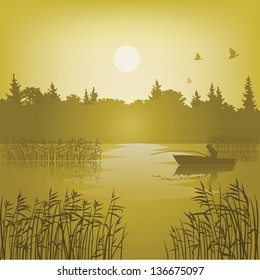 Vector landscape of yellow colour with the fisherman, birds and reflexion in water