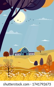 Vector landscapes of Countryside in autumn,Panorama Mid autumn with farmhouse, mountain wild grass field and leaves falling from trees in yellow and purple foliage.Wonderland in fall season background