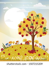 Vector landscapes of Countryside in autumn,Panoramic of cute cartoon village in mid autumn with field, mountains, wild flower and apples trees in yellow foliage. fall season background
