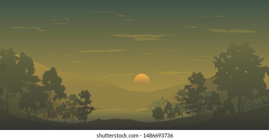 vector landscapes featuring mountains, trees, and sunset