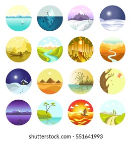 Vector landscapes icons set. Symbols of ecology nature and travel: sea and sun, mountain, tree, park or green forest, summer sunset and river. Flat illustration for labels, logotype, badges or emblems