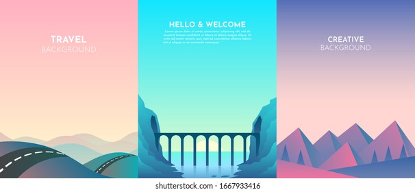 Paisajes vectoriales en un estilo minimalista. Conjunto de 3 fondos. Carretera sobre las montañas, lago, puesta de sol, noche, puente, túnel en la roca sobre el río. Plantilla de sitio web. Diseño de interfaz de usuario