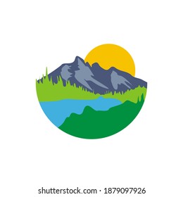 vector landscapes of nature, mountains, trees and lakes