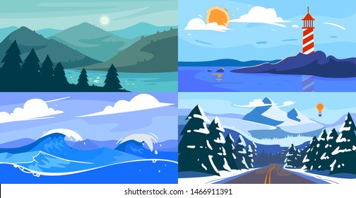 Vector landscapes set. Landscapes in a minimalist style: national park, a lighthouse on the water, waves on the sea, a road with a view of the snow-capped mountains. 4 Landscapes web banners template.