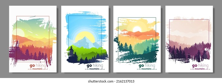 Vector landscapes. Set of scenes in nature with mountains and forest, silhouettes of trees. Hiking tourism. Adventure. Minimalist graphic flyers. Polygonal flat design for coupons, vouchers, postcards