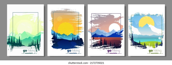 Vector landscapes. Set of scenes in nature with mountains and forest, silhouettes of trees. Hiking tourism. Adventure. Minimalist graphic flyers. Polygonal flat design for coupons, vouchers, postcards