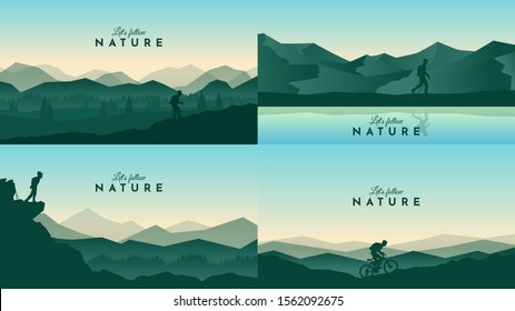 Vector landscapes set. Travel concept of discovering, exploring and observing nature. Hiking. Adventure tourism. The guy watches nature, riding at mountain bike, climbing to the top and going hike 