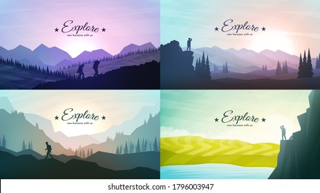 Vector landscapes set. Travel concept of discovering, exploring and observing nature. Hiking. Adventure tourism. The guy watches nature, climbing to the top, friends going hike