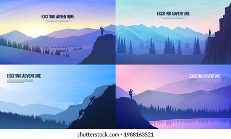 Vector landscapes set. Travel concept of discovering, exploring and observing nature. Hiking. Adventure tourism. The guy watches nature, a group of people climbing to cliff. Sunset scene, clear sky