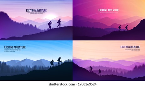 Vector landscapes set. Travel concept of discovering, exploring and observing nature. Hiking. Adventure trekking tourism background. People climbing to the top of the mountain. Group climbs on cliff