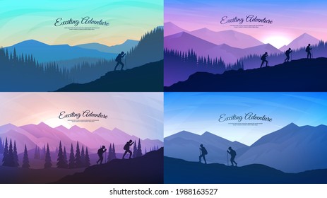 Vector landscapes set. Travel concept of discovering, exploring and observing nature. Hiking. Adventure tourism. Group of people trekking, climbing to cliff. Colorful backgrounds set. Clear sky