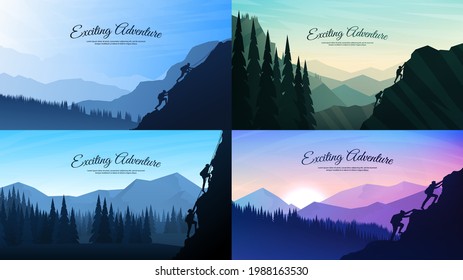Vector landscapes set. Travel concept of discovering, exploring and observing nature. Hiking. Adventure tourism. People climbing to the top of mountain. Couple climbs on cliff. Colorful backgrounds