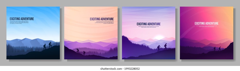 Vector landscapes set. Travel concept of discovering, exploring and observing nature. Hiking. Adventure tourism. People climbing to the top and going hike. Design elements for social media, card.