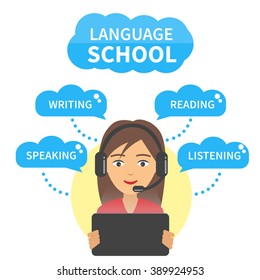 
Vector Language school concept illustration. Girl in headphones with microphone look at tablet and study language speaking, writing, reading and listening.