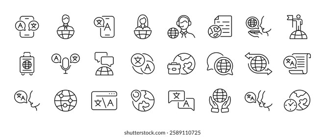 Vector language translation icons set for global communication apps.