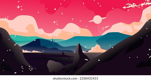 paisaje vectorial montañas rocas fondo de cielo rojo