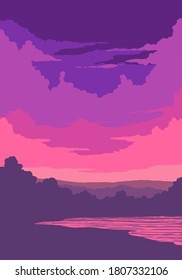 vector lanscape. purple sunset at lake 