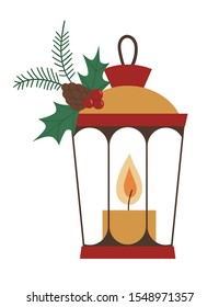 Vector lantern with candle isolated on white background. Cute funny illustration of new year symbol. Christmas flat style picture for decorations or design