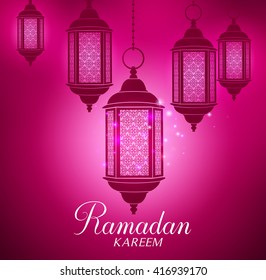 Vector Lanterns Background Silhouette in Glowing Lights in the Dark with Ramadan Kareem Greetings. Vector Illustration
