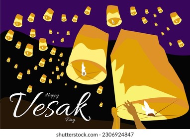 vector of lanterns flying in the night sky celebrating vesak day of Buddhist religion