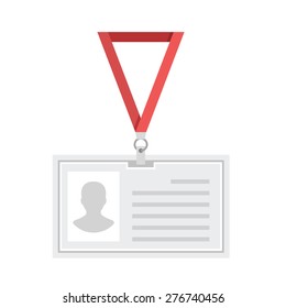 Vector lanyard badge template. Creative flat design. Original plastic badge with red strap. Vector illustration. Isolated in white background.