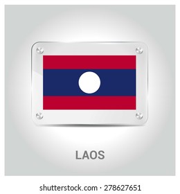 Vector Laos Flag glass plate with metal holders - Country name label in bottom - Gray background vector illustration