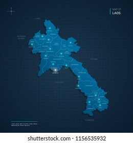 Vector Laos map illustration with blue neon lightpoints - triangle on dark blue gradient background. Administrative divisions, cities, borders, capital. Neon tech background with glow. 