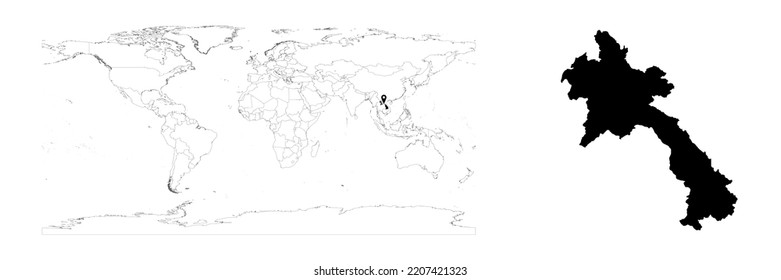 Vector Laos map showing country location on world map and solid map for Laos on white background. File is suitable for digital editing and prints of all sizes.