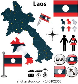 Vector of Laos set with detailed country shape with region borders, flags and icons