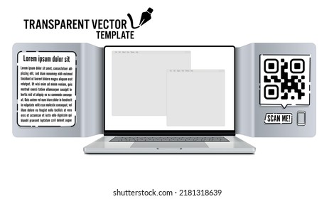 Vector laptop with a blank screen and a leaflet with bent ends and a place for a description for a mobile application or an online store website - template with a link in the form of qr code