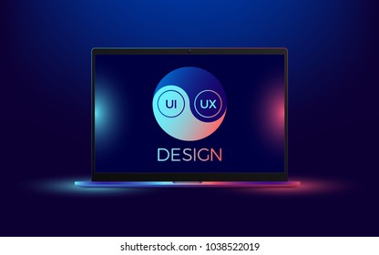 Vector laptop with blue and red illumination. Computer notebook with Yin Yang symbol, concept of interdependent relations between User Interface and User Experience Design