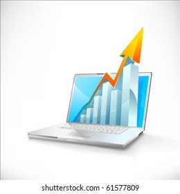vector laptop with business or profits growth bar graph
