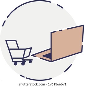 vector laptop. Laptop and cart, online marketing elements. shopping from home. Illustration E-commerce Shopping Symbols.
