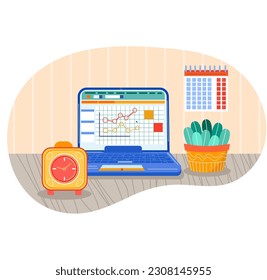 Vector laptop, clock, calendar, flower on desk