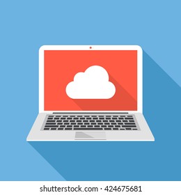 Vector laptop and cloud icon. Cloud technology, sharing, data backup concepts. Trendy flat design with long shadow. Vector illustration isolated on blue background