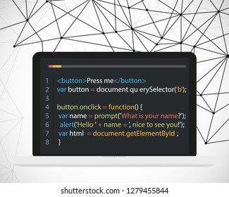 Vector laptop coding concept. Web developer, design, programming. Laptop screen code on polygonal vector background. Vector illustration