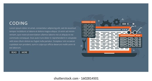 Vector laptop coding concept. Web developer, design, programming