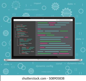 Vector Laptop Coding Concept. Web Developer, Design, Programming. Laptop Screen Code