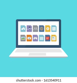 Vector of a laptop and collection of modern, simple, flat and trendy business and office icons on the screen.