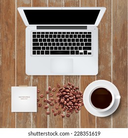 Vector laptop computer with coffee cup and coffee beans on wooden texture background.