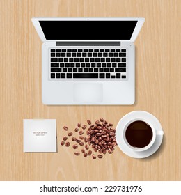 Vector laptop computer with coffee cup and coffee beans on wooden texture background.
