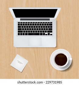 Vector laptop computer and coffee cup on wooden texture background.