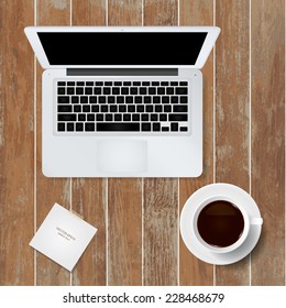 Vector laptop computer and cup of coffee on wooden texture background.