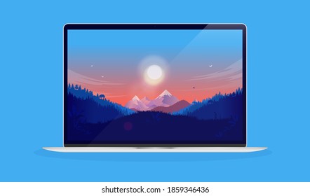 Vector Laptop Computer With Landscape Wallpaper On Screen On Blue Background.