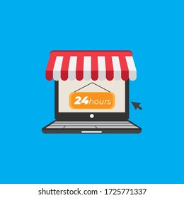 vector laptop computer online shop. Laptop computer with sign 24 hours open on the screen. Online marketing elements. shopping from home. Illustration E-commerce Shopping Symbols.