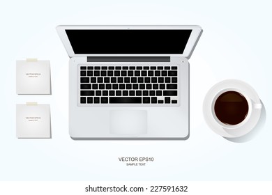 Vector laptop and cup of coffee on white background.