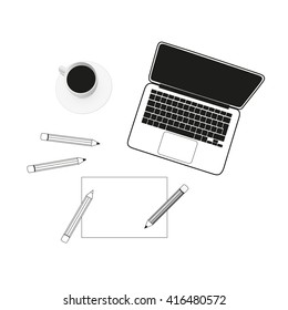 Vector laptop, cup of coffee, pencils and paper. Vector illustration