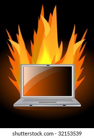 Vector laptop in fire flame.