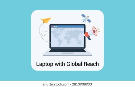 Vector Laptop with Global Reach Concept Illustration Featuring World Map Screen Megaphone Satellite and Paper Airplane Icons